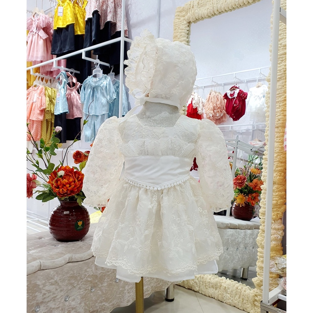 Váy Tiểu Thư Ren Trắng Kèm Phụ Kiện, Đầm Công Chúa Cho Bé Sơ Sinh, Đầm Đầy Tháng - Hàng Thiết Kế
