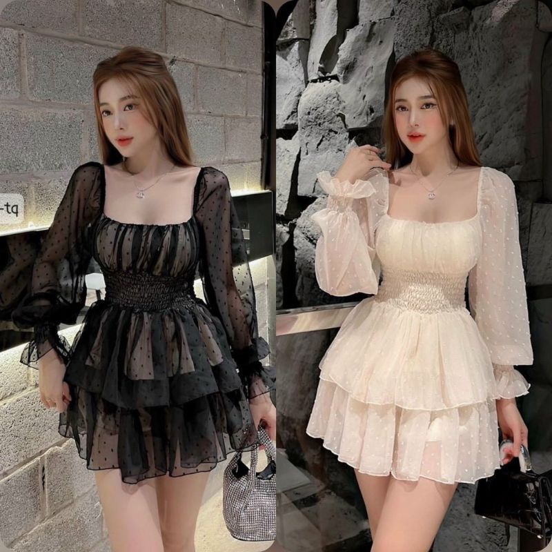 Đầm váy nữ dự tiệc sự kiện đám cưới tay dài phối lưới chấm bị quý phái họa tiết ( có mút ngực ) xếp , đi chơi Vip33