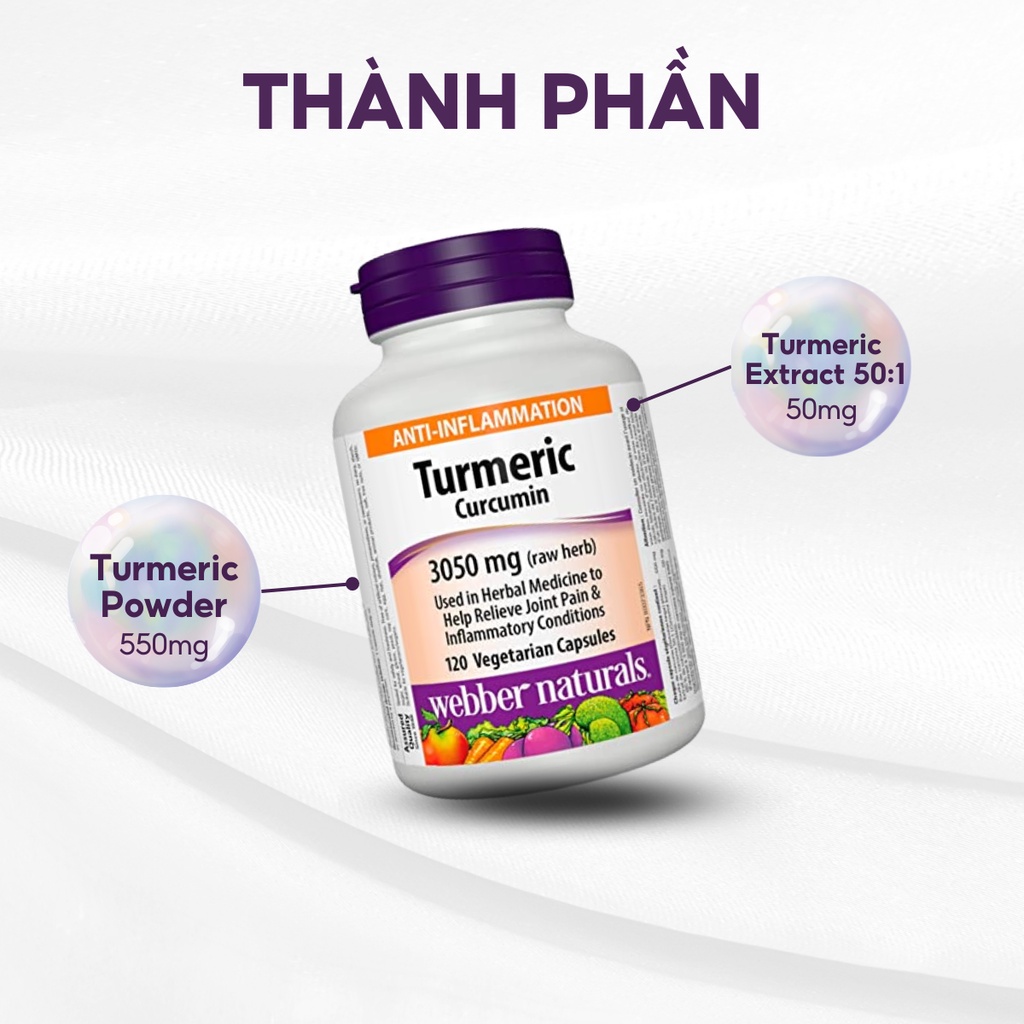 Viên uống hỗ trợ xương khớp, hệ tiêu hóa chiết xuất từ nghệ Turmeric Curcumin 3050mg Webber Natural 120 viên
