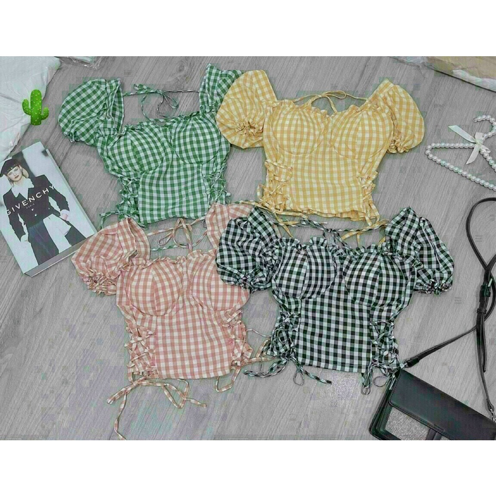 áo caro nhúng có mod ngực xinh xinh áo tiểu thư pc