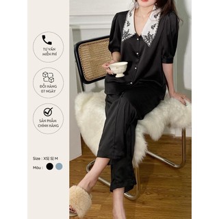 Set pyjamas cổ thêu tay phồng lụa cao cấp O.N WORKSHOP
