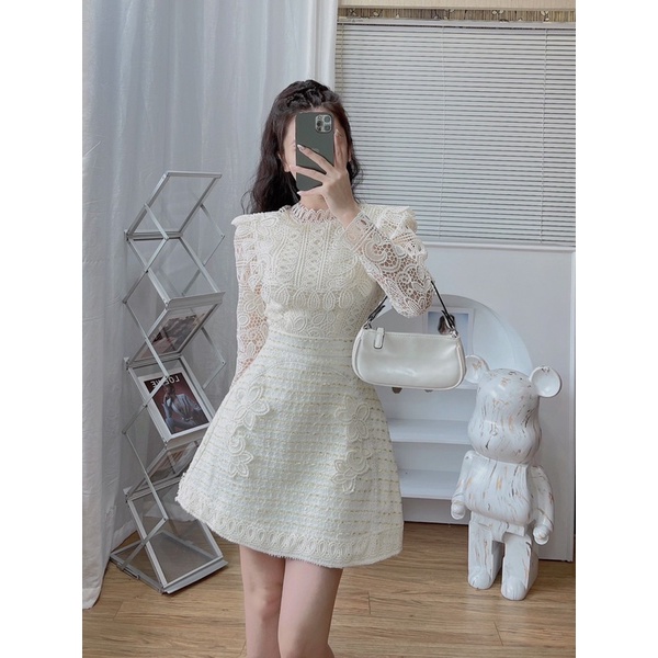 Váy ren phối chân dạ dài tay thiết kế cao cấp