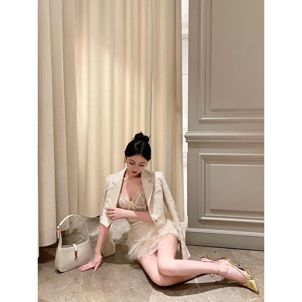 SET Áo Dạ Tweed Croptop Kết Hợp Áo Bralette Ren Chân Váy Voan Tầng