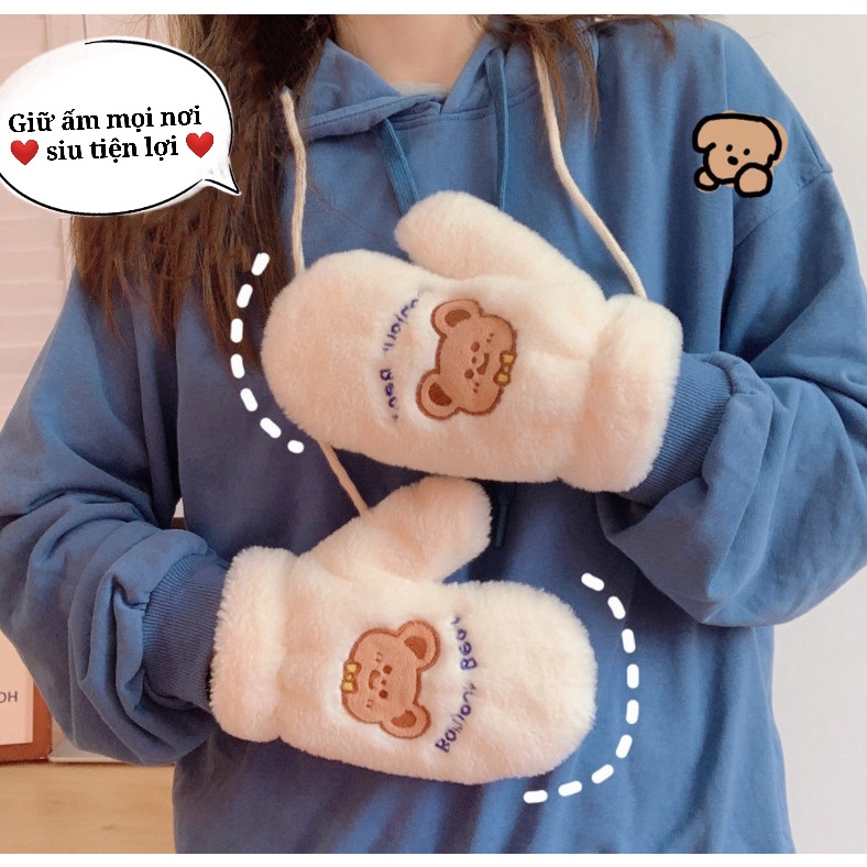 Găng Tay Nhung Lông Cừu Giữ Ấm Cổ Thêu Hình Gấu Dễ Thương HB HYJP2