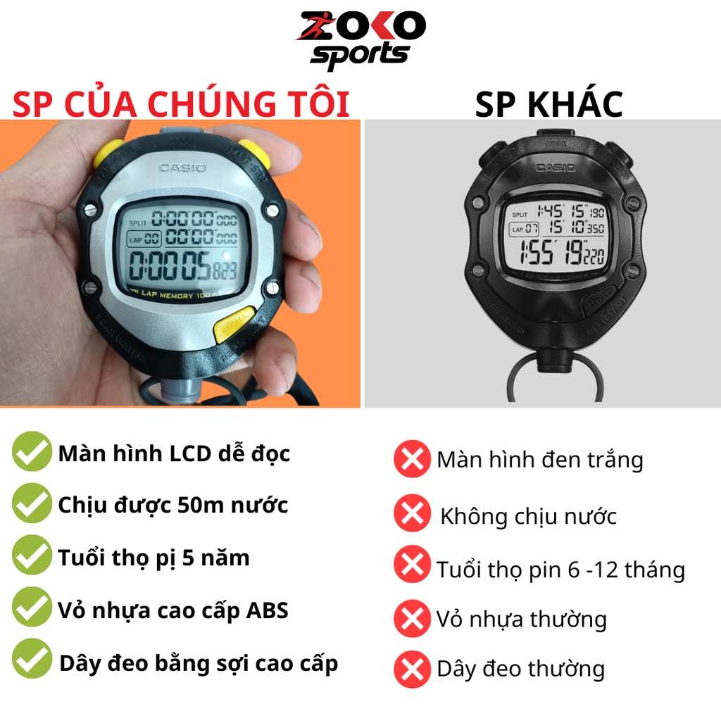 Đồng hồ bấm giờ Casio HS-70W Chính Hãng , bấm giây 100 Lap , chịu nước 50m - ZOKO SPORT