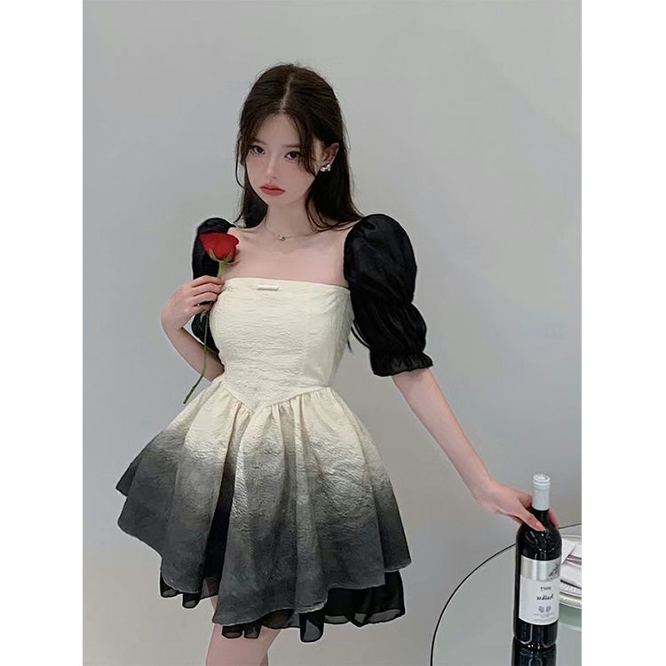 Đầm Tay Phồng Cổ Vuông Màu Đen / Xám Phong Cách Hàn Quốc Thời Trang Mùa Hè Xinh Xắn Cho Nữ