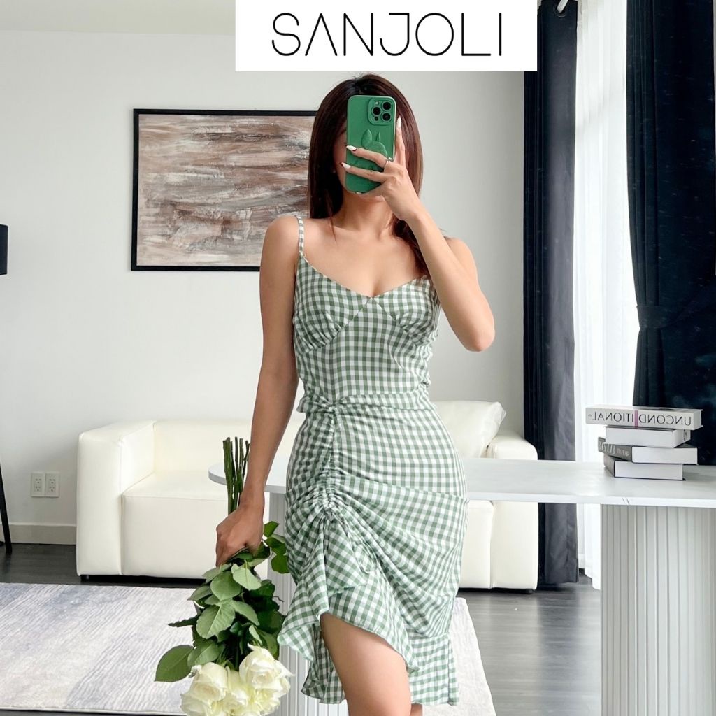 Váy body hai dây nữ Sanjoli thiết kế ôm eo rút dây bên hông đi dự tiệc, đi chơi VD091