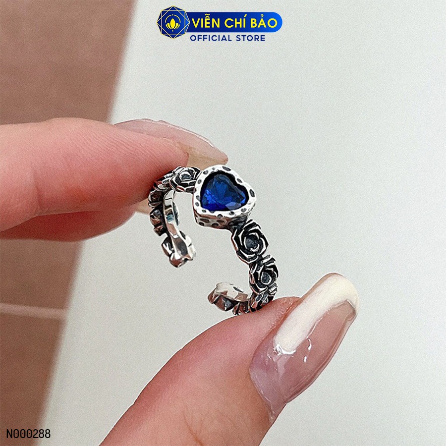 Nhẫn bạc nữ hoa hồng trái tim xanh chất liệu bạc 925 thời trang phụ kiện trang sức Viễn Chí Bảo N000288