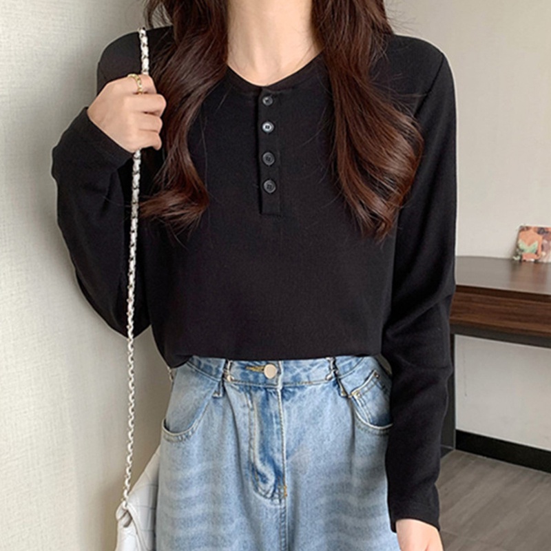 Áo Tay Dài Dày ấm Áp Nữ Có Nút Màu Trơn Co Dãn Phong Cách Hàn Quốc 2 Màu, Áo Dáng Ôm