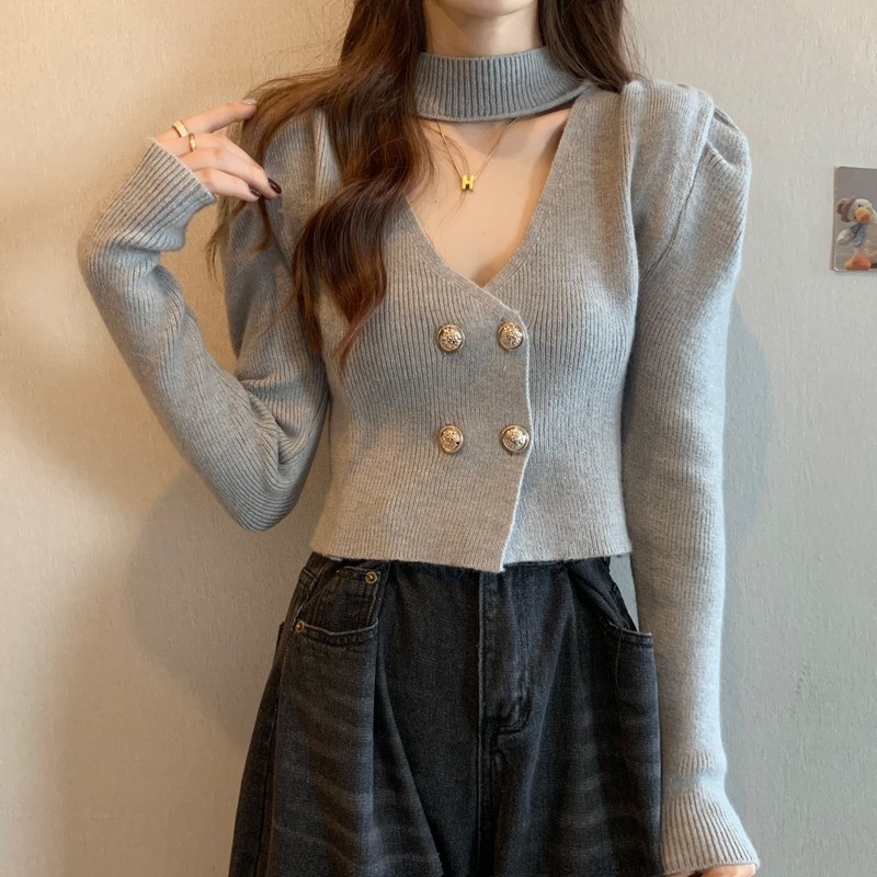 ZHELIHANGFEI Áo len dệt kim nữ kiểu cổ chữ V cổ chữ V dài tay cổ cao phong cách nữ