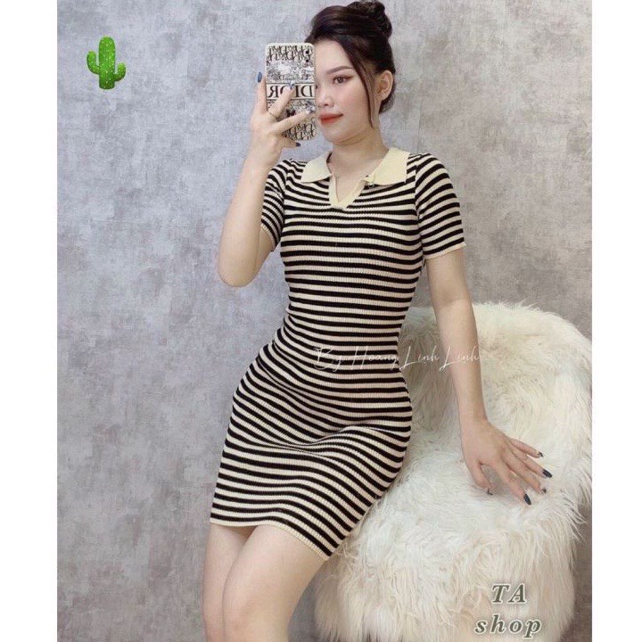 Đầm body nữ tay ngắn phối màu sọc ngang chất thun gân kiểu cổ bẻ dáng ngắn cực hot