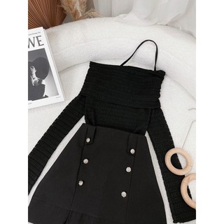 SET ÁO ĐEN CHÉO CHÂN VÁY NÚT ĐỒNG