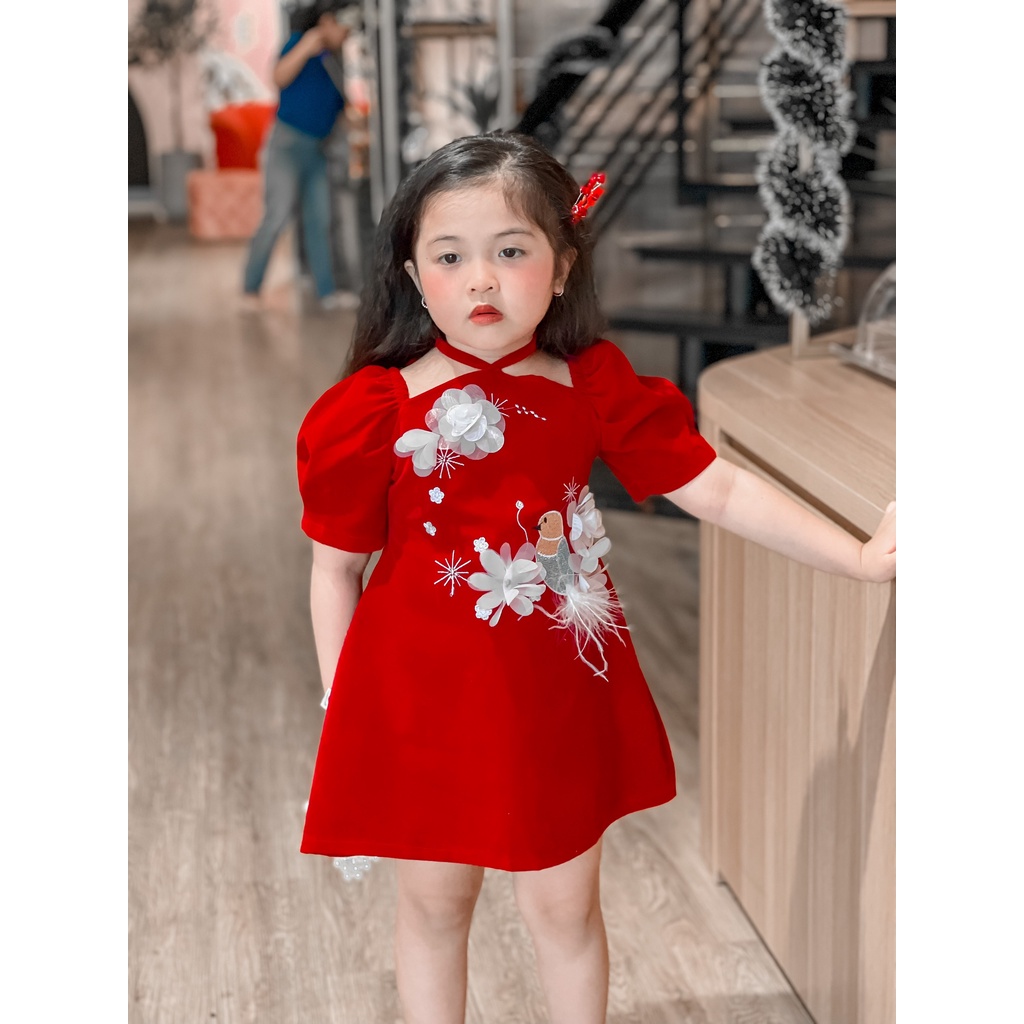 Váy cho bé gái, váy nhung đỏ xinh cổ dây yếm phối lông cho bé 10-30kg