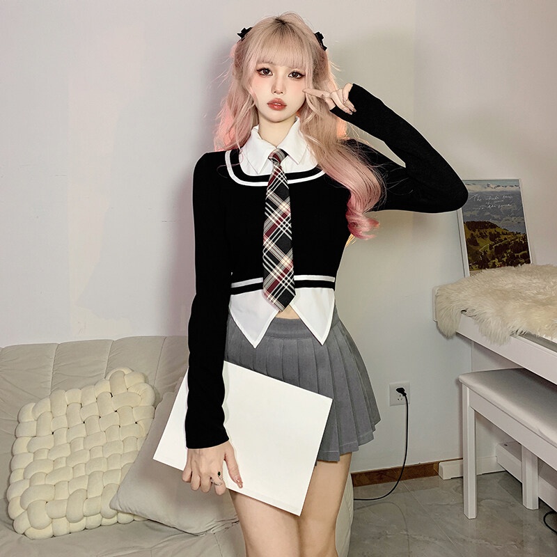 Kliou Áo Thun Tay Dài Cổ Polo Phối Cà Vạt Thời Trang 2023