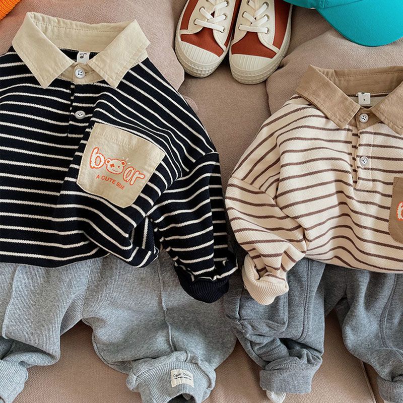 Áo polo Tay Dài Dáng Rộng Họa Tiết Kẻ Sọc Trắng Đen Phong Cách Hàn Quốc Thời Trang Cho Bé Trai 2021