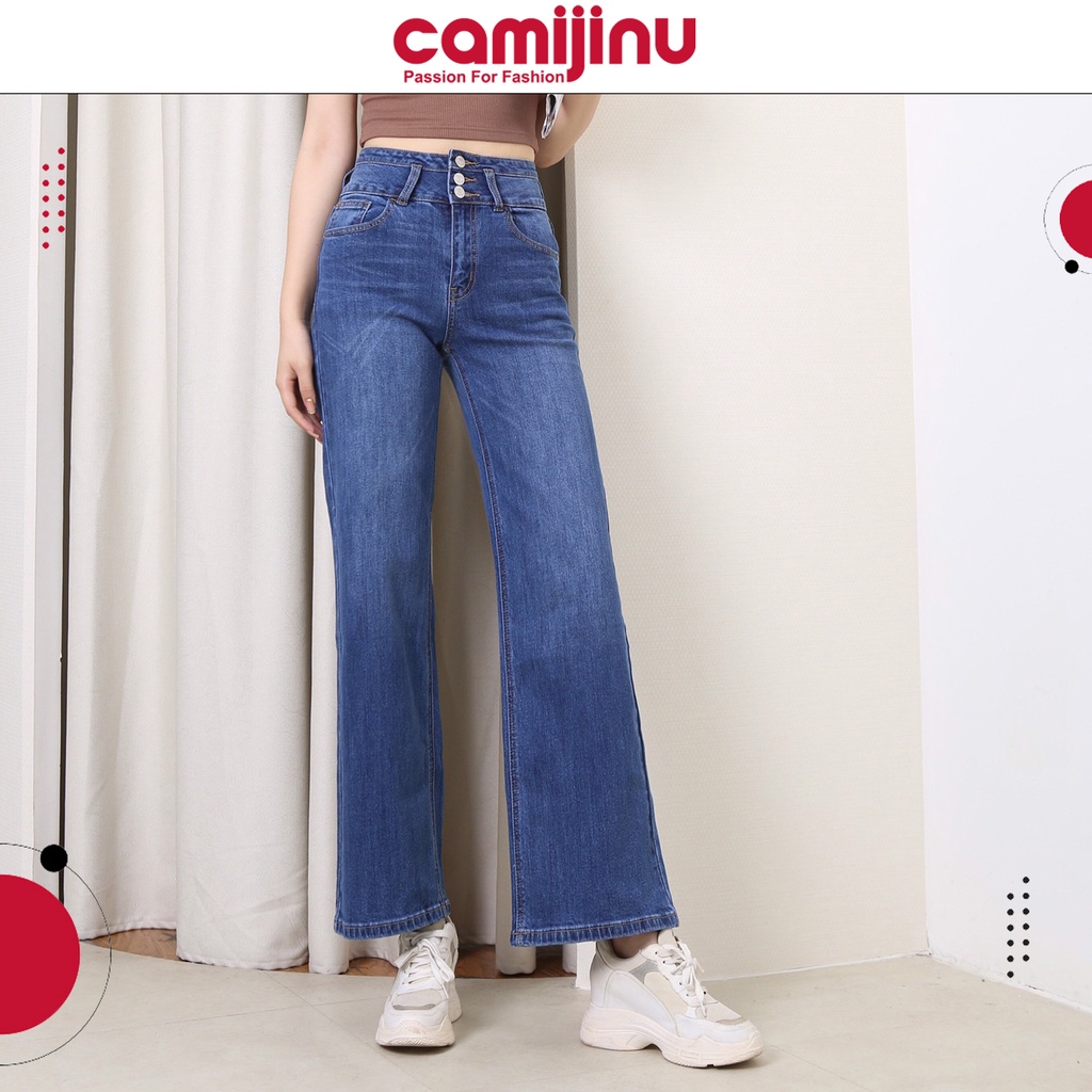 Quần Jeans Nữ Suông 3 Khuy, Gen Cạp Cao Dáng Dài Màu Xanh Nhạt