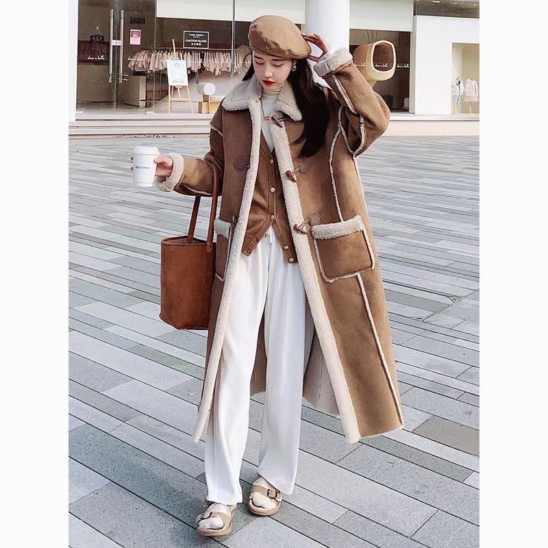 Áo khoác da lộn lót lông siêu ấm dáng dài màu nâu phong cách Hàn quốc