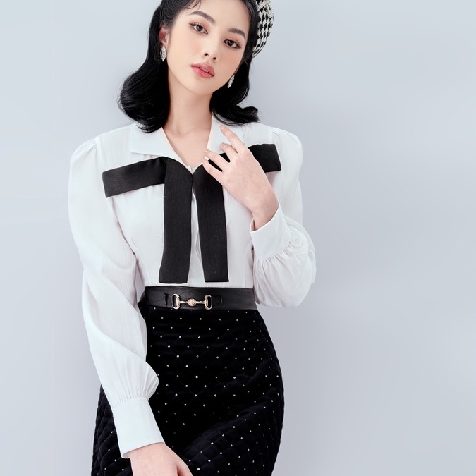 Áo sơ mi trắng, xanh kiểu nữ phối nơ đen & chân váy trần bông dáng bồng chữ A đính hạt - Ellen Bow Shirt & Alva Skirt