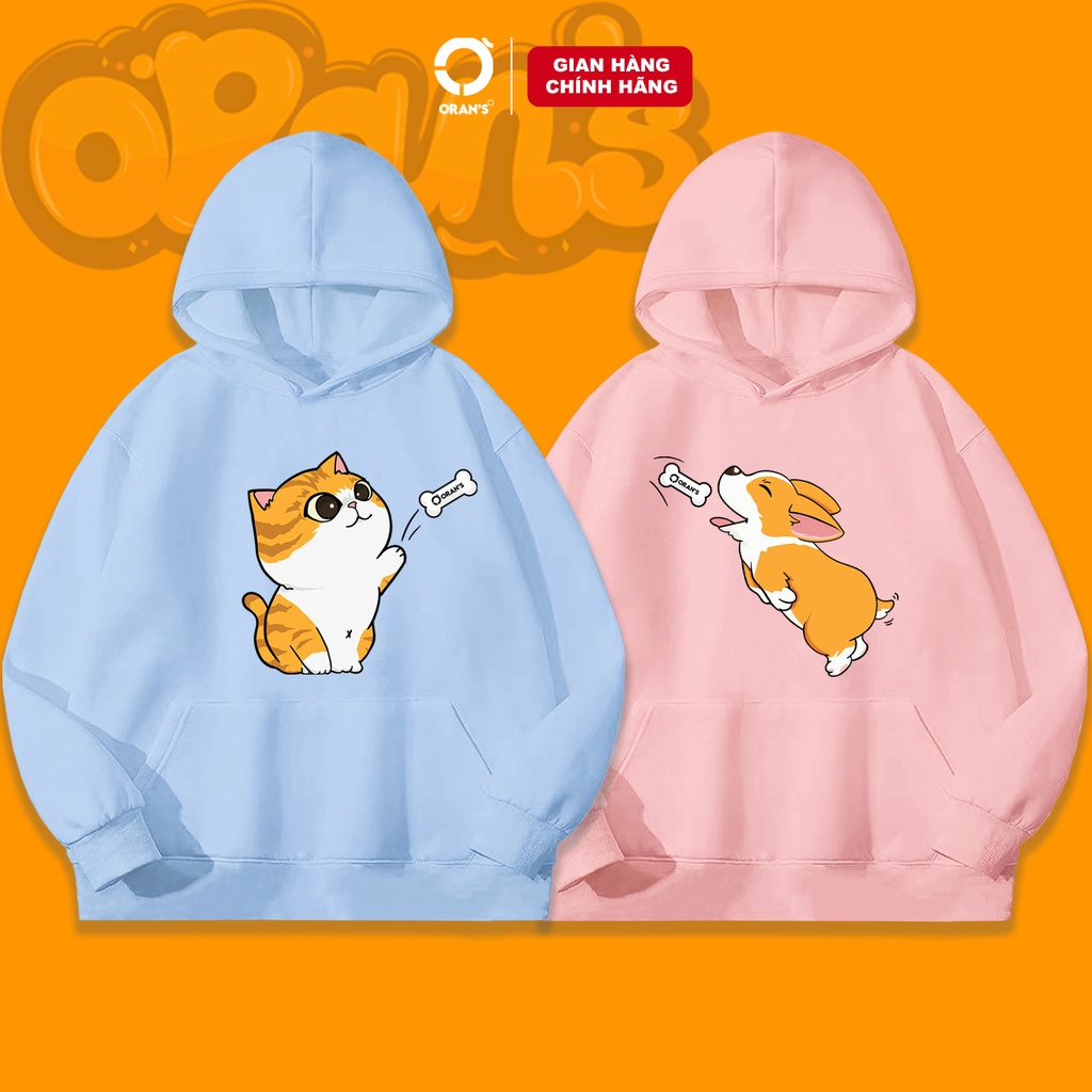 Áo Hoodie đôi in hình chó mèo ném xương 4 màu chất nỉ cotton lót bông cao cấp form rộng unisex - ORAN'S HOODIE COUPLE 11