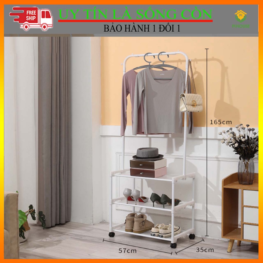 Giá treo quần áo PiHouse 3 tầng có bánh xe khung thép sơn tĩnh điện nhập khẩu
