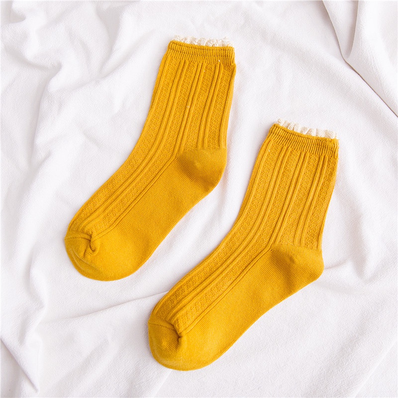 Vớ Dài Trung Bình Màu Trơn Phối Ren Màu Sắc Ngọt Ngào Phong Cách Lolita Nhật Bản Cho Nữ