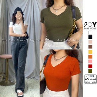 Áo thun cổ tim nữ áo ôm body nữ cotton 100% JOY BABE cổ v basic tee cộc tay ao phong C ATON 2