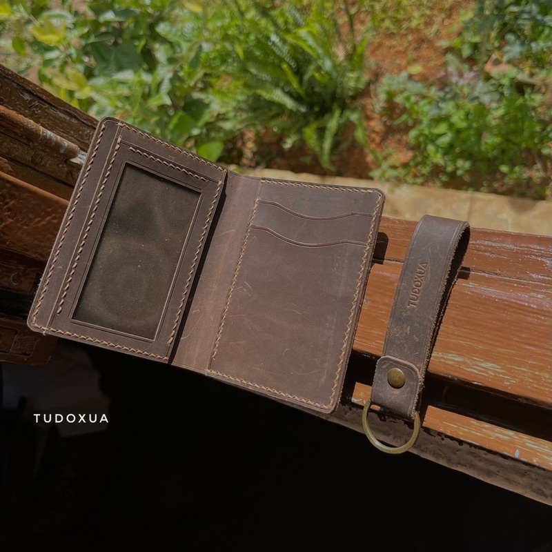 Ví da đứng khắc tên TUDOXUA MNS003 chất liệu da bò thật, tặng kèm móc khóa da