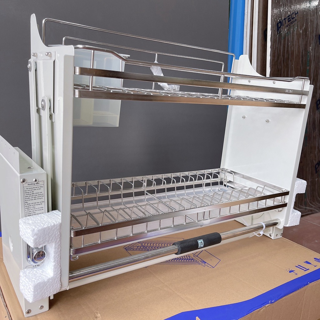 Giá bát đĩa nâng hạ inox 304, kệ đựng đồ nhà bếp thông minh có thế chỉnh độ cao thấp tùy ý
