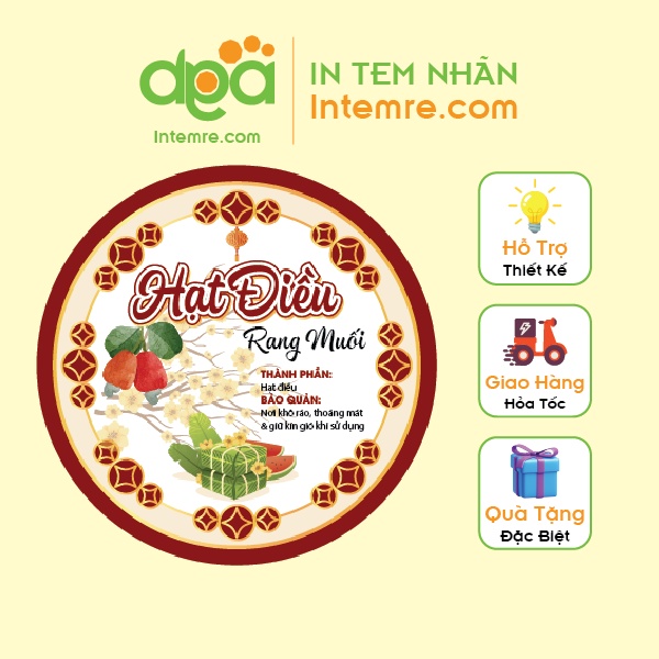 Sẳn Tem Nhãn Giấy Kraft, Da Bò Decal Dán Intemre.com Hạt Điều Rang Muối Nhiều Kích Cở
