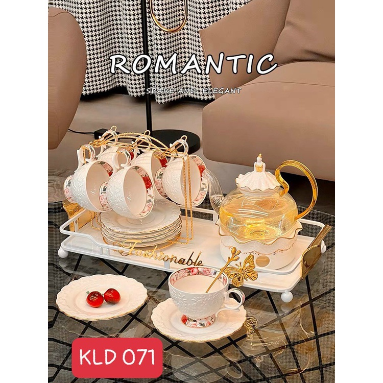 Bộ ấm chén kèm khay sứ và bếp đun nến cao cấp Hoàng Gia sang trọng