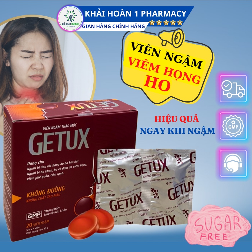Kẹo ngậm ho, cảm lạnh GETUX không đường giúp giảm các loại ho, đau rát họng - hộp 20 viên