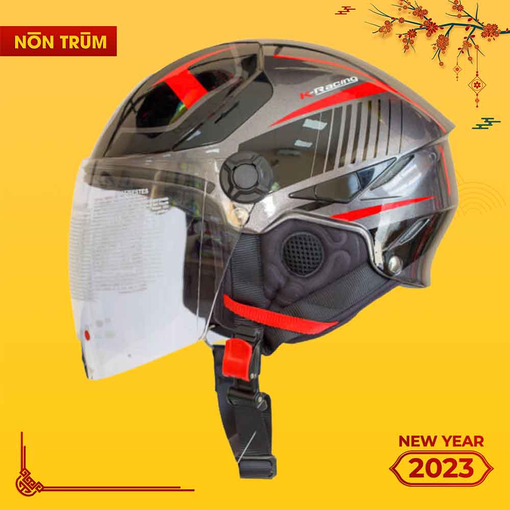 Nón bảo hiểm nửa đầu KYT Tiger có kính che mặt tem Xám đỏ