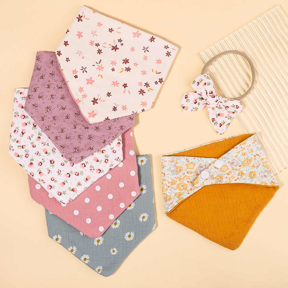 KIDSBOWS Set yếm ăn kèm phụ kiện tóc KIDSBOWS cotton hình tam giác màu trơn chống thấm nước dành cho bé