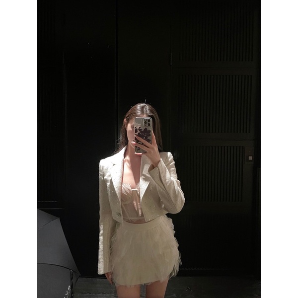 SET Áo Dạ Tweed Croptop Kết Hợp Áo Bralette Ren Chân Váy Voan Tầng