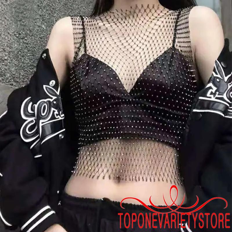 Topone Áo Lưới Không Tay Cổ Tròn Đính Đá Lấp Lánh Cho Nữ