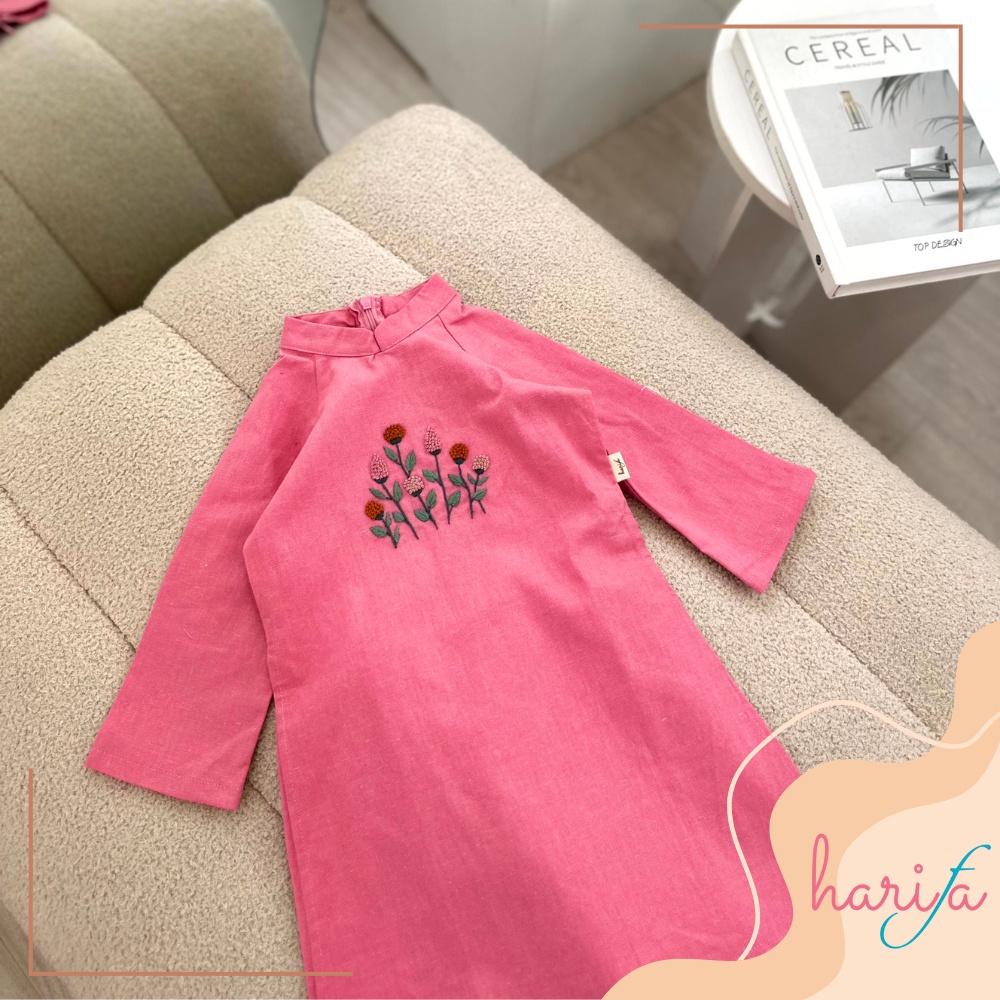 BADT010 Áo dài bé gái - màu hồng - chất liệu linen thêu tay - họa tiết cánh hoa - 1-6 tuổi