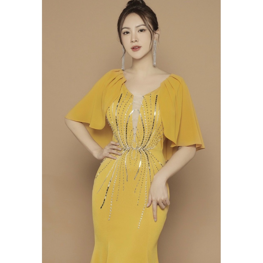 Đầm dạ hội tay bèo đính hạt siêu sang - Mua váy dạ hội thiết kế đẹp