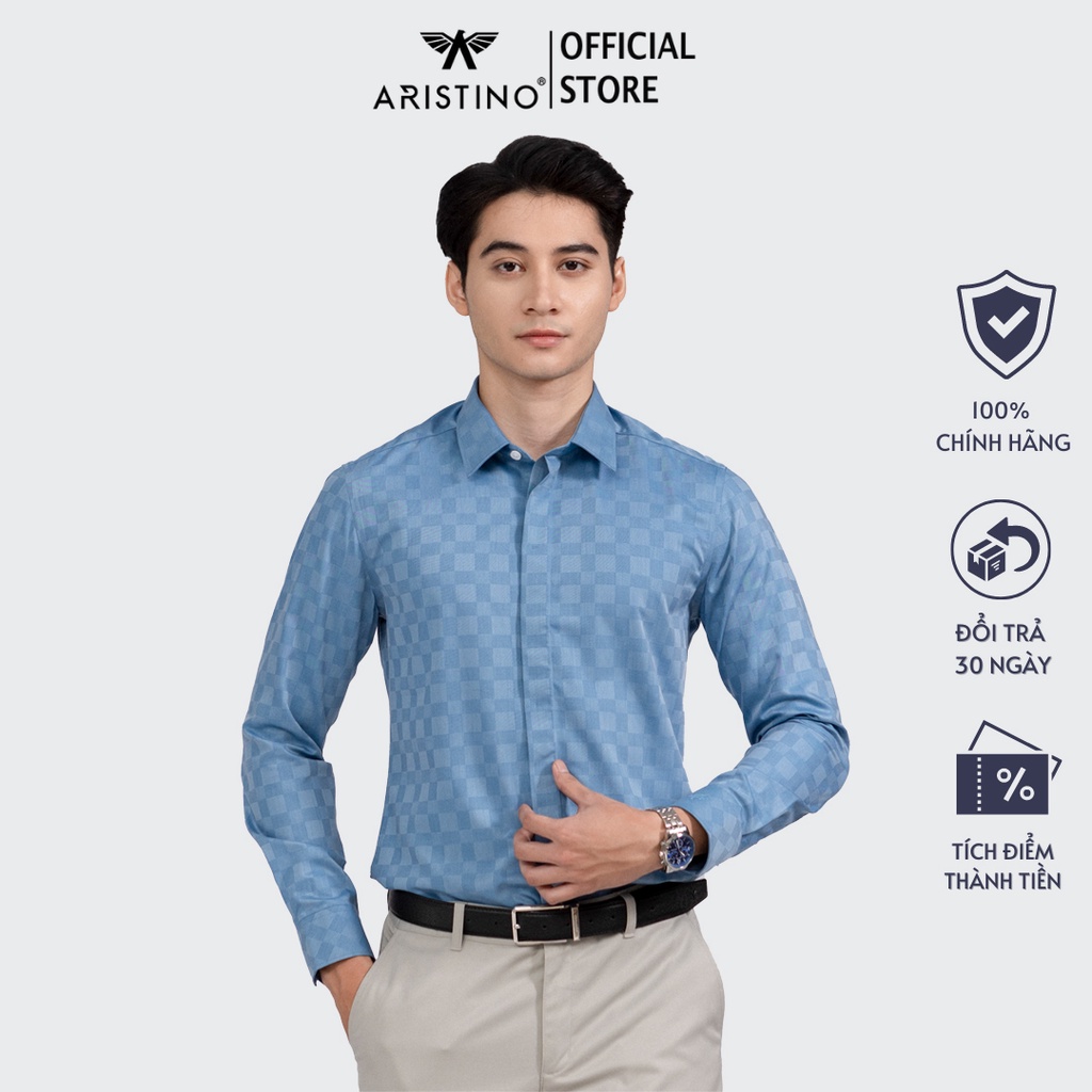 [ MỚI ] Áo sơ mi nam dài tay ARISTINO dáng Slim fit ôm vừa, họa tiết xanh biển dệt jacquard độc đáo- ALS07902