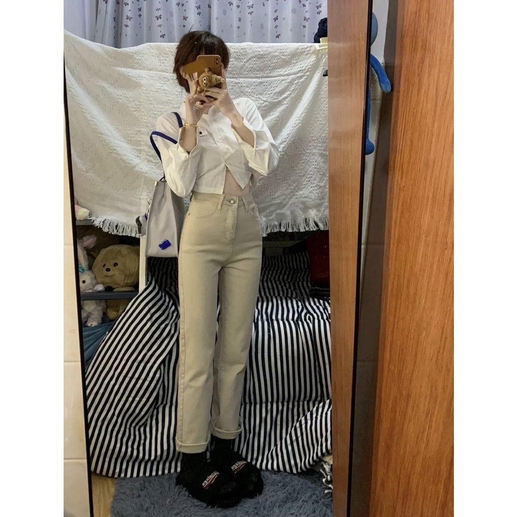 Quần jean lưng cao ống đứng màu kem lưng cao