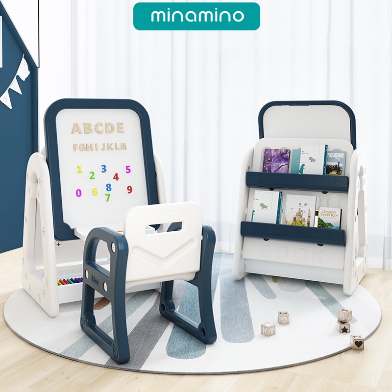 Bảng vẽ cho bé đa năng kết hợp kệ sách đôi có kèm ghế ngồi Minamino mẫu mới 2023 nhựa nguyên sinh cao cấp, chắc chắn