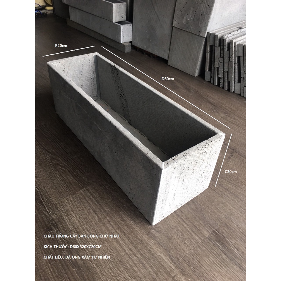 Chậu trồng cây trồng hoa ban công Dài 60xR20xC20cm hình chữ nhật, chậu trồng cây cảnh đẹp bằng đá ong xám tự nhiên