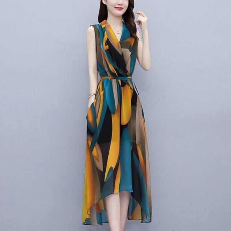 Đầm Dài Qua Gối Không Tay Phong Cách Pháp Mùa Hè Size M-3xl Dành Cho Phụ Nữ Trung Niên