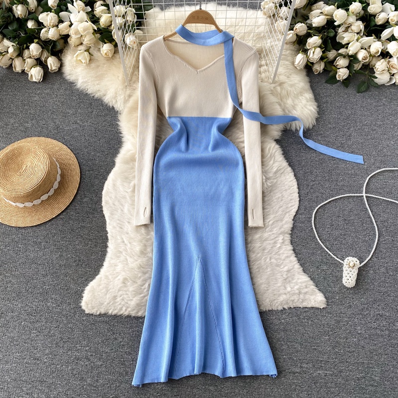 Váy len cổ V nữ kèm dây ruy băng len