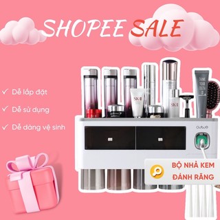 bộ kệ nhả kem đánh răng tự động 2/3/4 cốc trong suốt tặng kèm miếng dán tường siêu chắc chắn