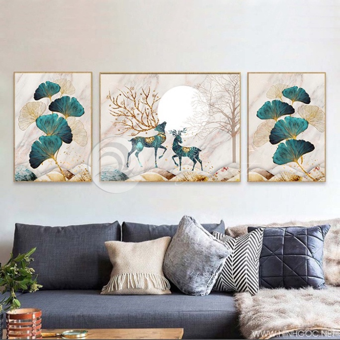 A13 Bộ 3 Tranh Treo Tường Phòng Khách/ Ngủ/ Đại sảnh Decor Nhà Nghỉ Khách Sạn Hươu Sao Và Dải Ngân Hà Tráng Gương Sang