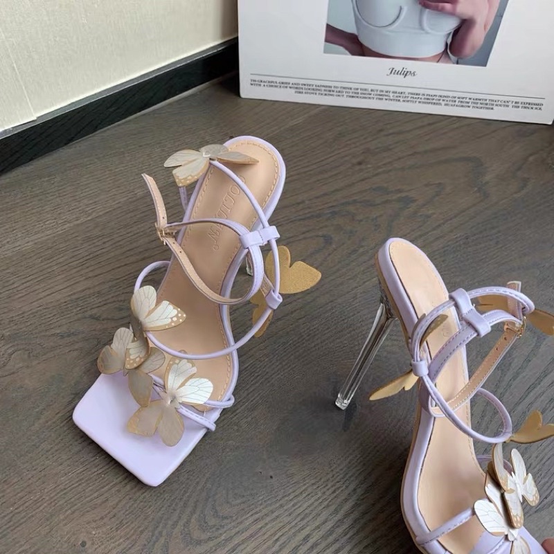 Giày Sandal cao gót mõm vuông đế 10cm gắn bướm dây mảnh siêu nàng thơ