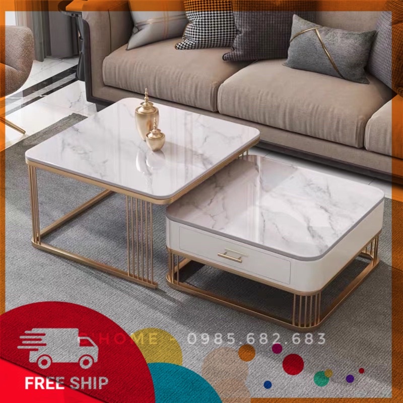 (MẪU BÁN CHẠY) 💥💥 Cặp Bàn Vuông Có Ngăn Kéo Mặt Đá Vân Mây, Bàn Trà Sofa Mặt Đá C'Home