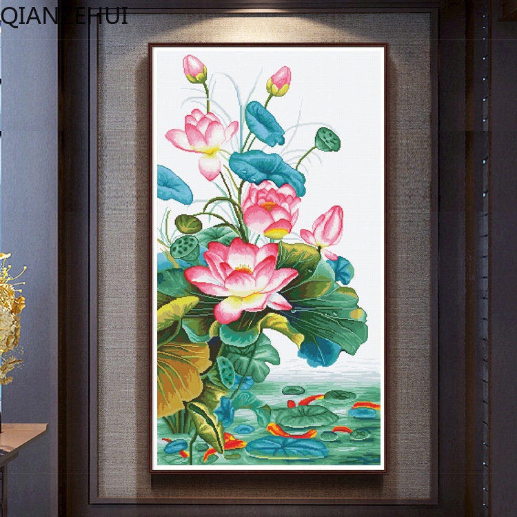 Bộ Tranh Thêu Chữ Thập 11CT DIY Hình Hoa Sen / Cá Chép / Cá Chép / Hoa Sen Chất Liệu Cotton Không Bị Rơi