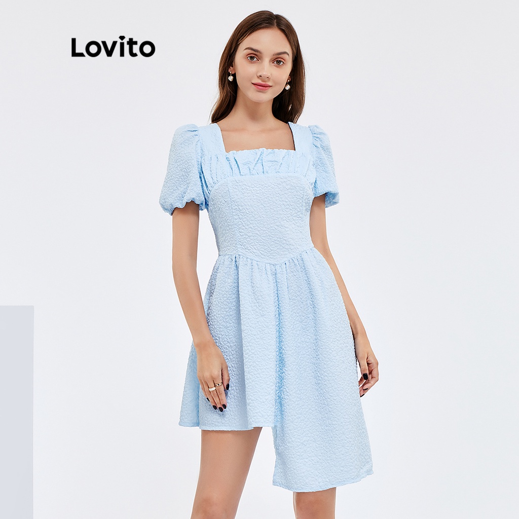 Lovito VảI Trơn Dễ Thương Có HọA TiếT Không ĐềU ĐặN Hem Puff Sleeves Dress L25Ad118 (Blue)