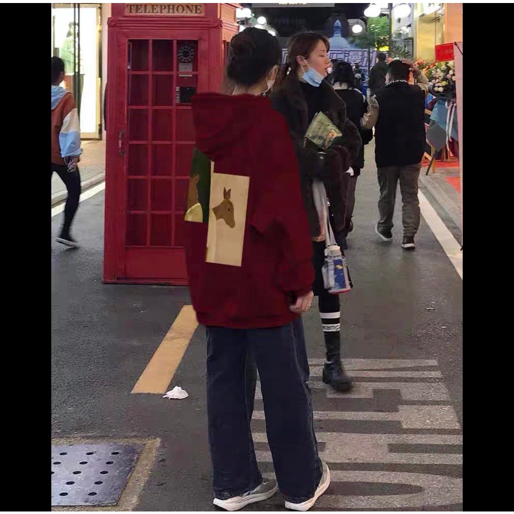 Áo Hoodie Đỏ Đô Noel Unisex Chất Nỉ Ngoại Dáng Rộng Tay Bồng Vintage